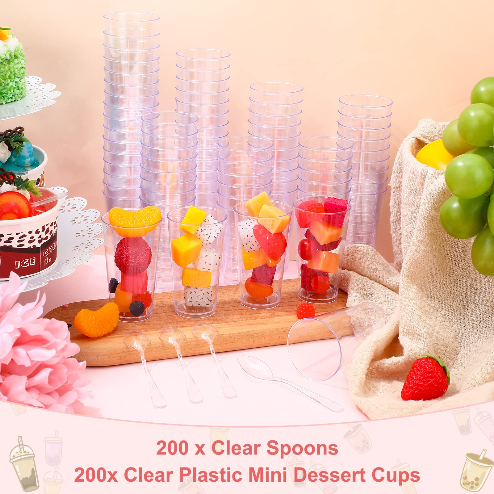 CHENGU 3 oz Clear Plastic Mini Dessert Cups with Spoons Shooter Round Dessert Cups Parfait Appetizer Cups Shot Glasses Disposable Tall Tumbler Shot Dessert Cups for Tasting Party Sample(200)