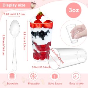 CHENGU 3 oz Clear Plastic Mini Dessert Cups with Spoons Shooter Round Dessert Cups Parfait Appetizer Cups Shot Glasses Disposable Tall Tumbler Shot Dessert Cups for Tasting Party Sample(200)