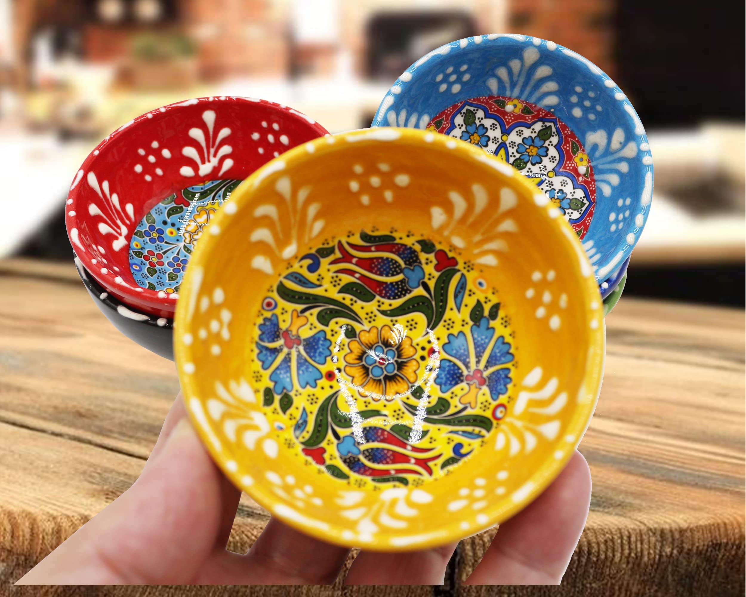 Silver Craft 6 Pcs Hand Painted Decorative Serving Turkish Ceramic Tiny Bowls - Handmade Ceramic Bowl Set of (3.3''inc/8.5cm) 2.5 Oz Pinch Multicolor Small - Best Gift Set