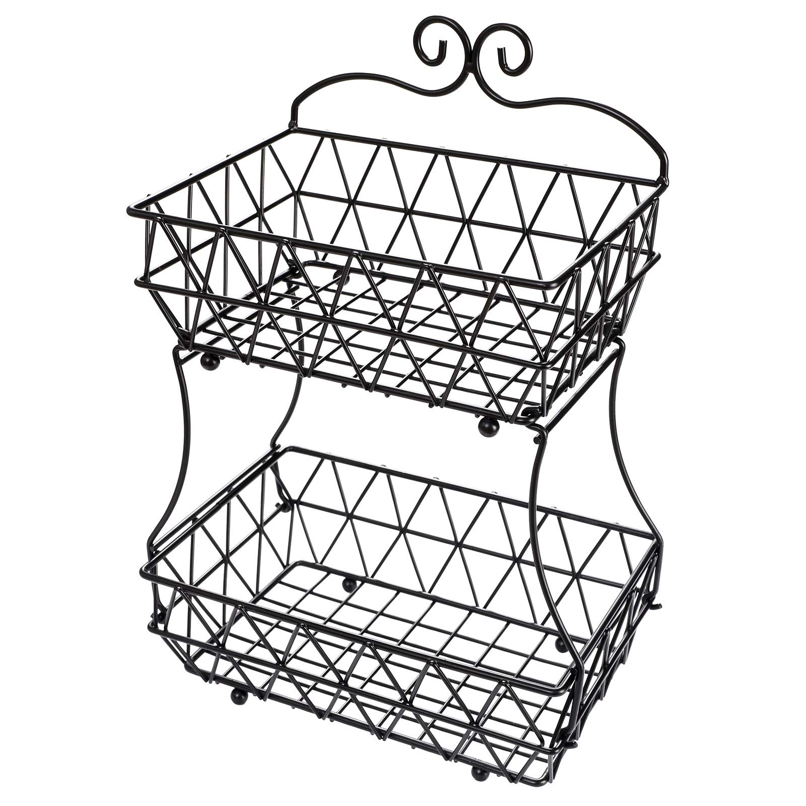 TQVAI Fruit Basket for Kitchen Counter, 2 Tier Fruit Bowl, Fruit and Vegetable Storage Stand, Screw-Free Design, Black