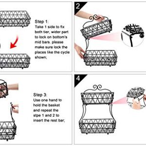 TQVAI Fruit Basket for Kitchen Counter, 2 Tier Fruit Bowl, Fruit and Vegetable Storage Stand, Screw-Free Design, Black