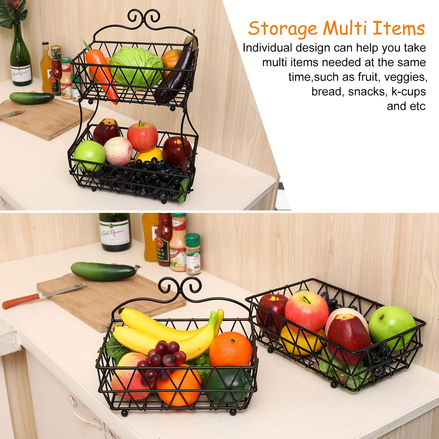 TQVAI Fruit Basket for Kitchen Counter, 2 Tier Fruit Bowl, Fruit and Vegetable Storage Stand, Screw-Free Design, Black