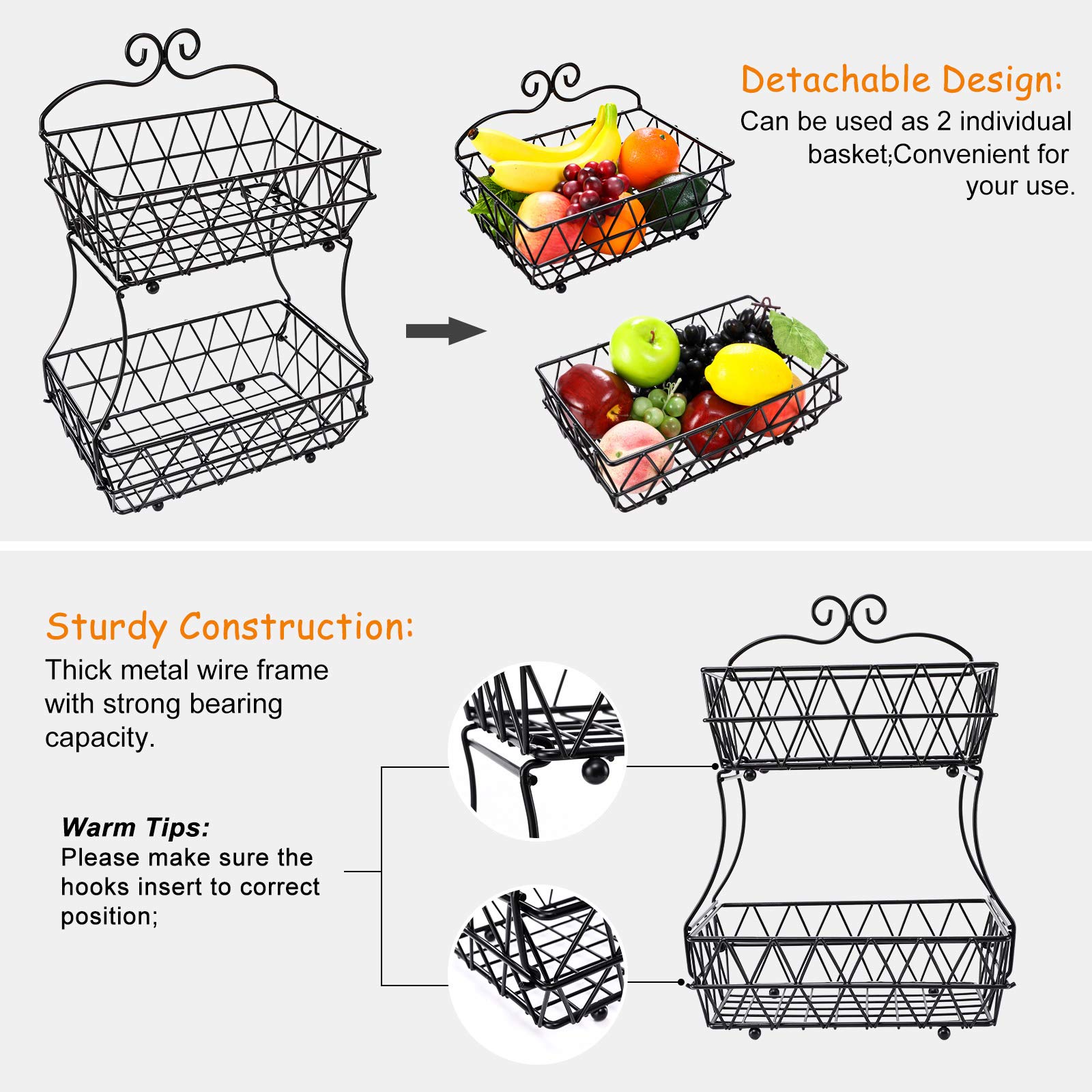 TQVAI Fruit Basket for Kitchen Counter, 2 Tier Fruit Bowl, Fruit and Vegetable Storage Stand, Screw-Free Design, Black