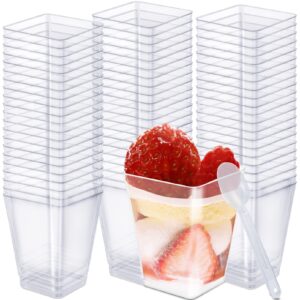 50 pack dessert cups with spoons,5 oz square clear plastic dessert cups,mini dessert cups appetizer cups parfait cups,small plastic tumbler serving cups for serving desserts,appetizers,puddings,mousse