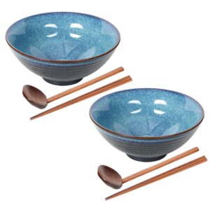 ste-cer ceramic japanese style ramen bowl set with chopsticks,8 inch 40 oz pho bowls & asian soup bowl and spoons set for udon noodle,soba,miso soup,set of 2 (blue)