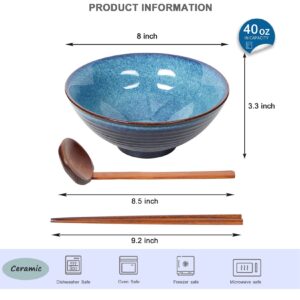 STE-CER Ceramic Japanese Style Ramen Bowl Set with Chopsticks,8 inch 40 oz Pho Bowls & Asian Soup Bowl and Spoons Set for Udon Noodle,Soba,Miso Soup,Set of 2 (blue)