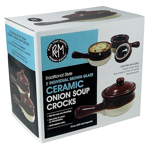 R&M International Traditional Style Ceramic 15-Ounce French Onion Soup Crocks, Polished, Set of 2