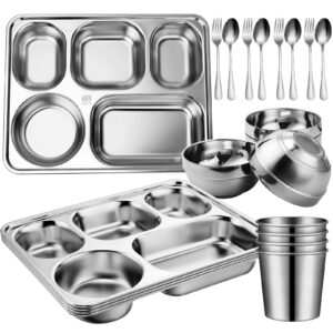 20 pcs stainless steel dinnerware set, including stainless steel rectangular divided dinner tray spoons and forks set silver stainless steel cups and stainless steel bowl for home kitchen restaurant