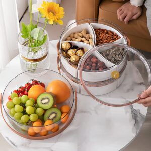 Clear Divided Serving Tray with Lid & Handle, Portable Round Plastic Veggie Tray, Platter Food Storage Container Box for Candy, Appetizer, Snack, Dried Fruit, Nuts, Vegetable, Party