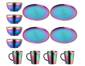 dinnerware sets plates and bowls espresso cups, stainless steel dishes pasta bowls insulated coffee mugs set of 4, 12 pcs kitchen essentials for home apartment wedding buyer star, rainbow