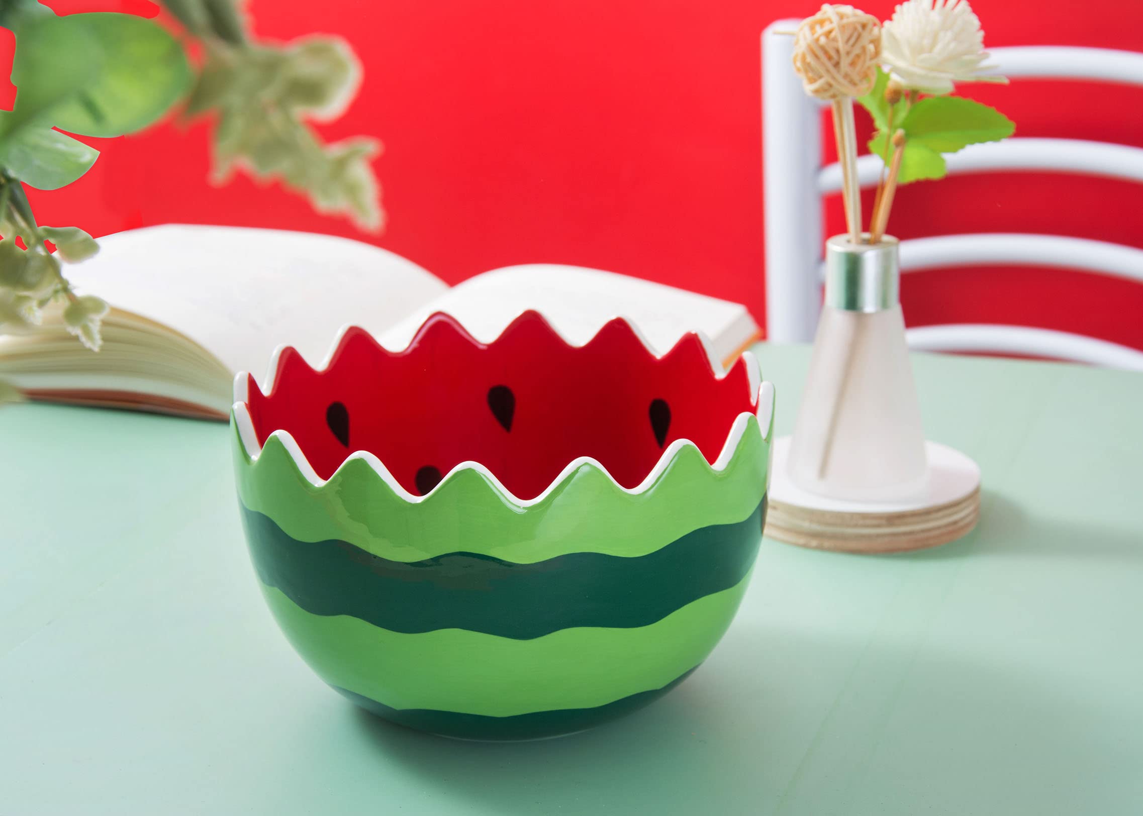 AwakingWaves Funny Hand Painted Watermelon Ceramic Pasta Bowl for Fruit Salad and Soup, Cute Kitchen Household Cooking Gifts for Home Kitchen, Colorful Design Containers Decor