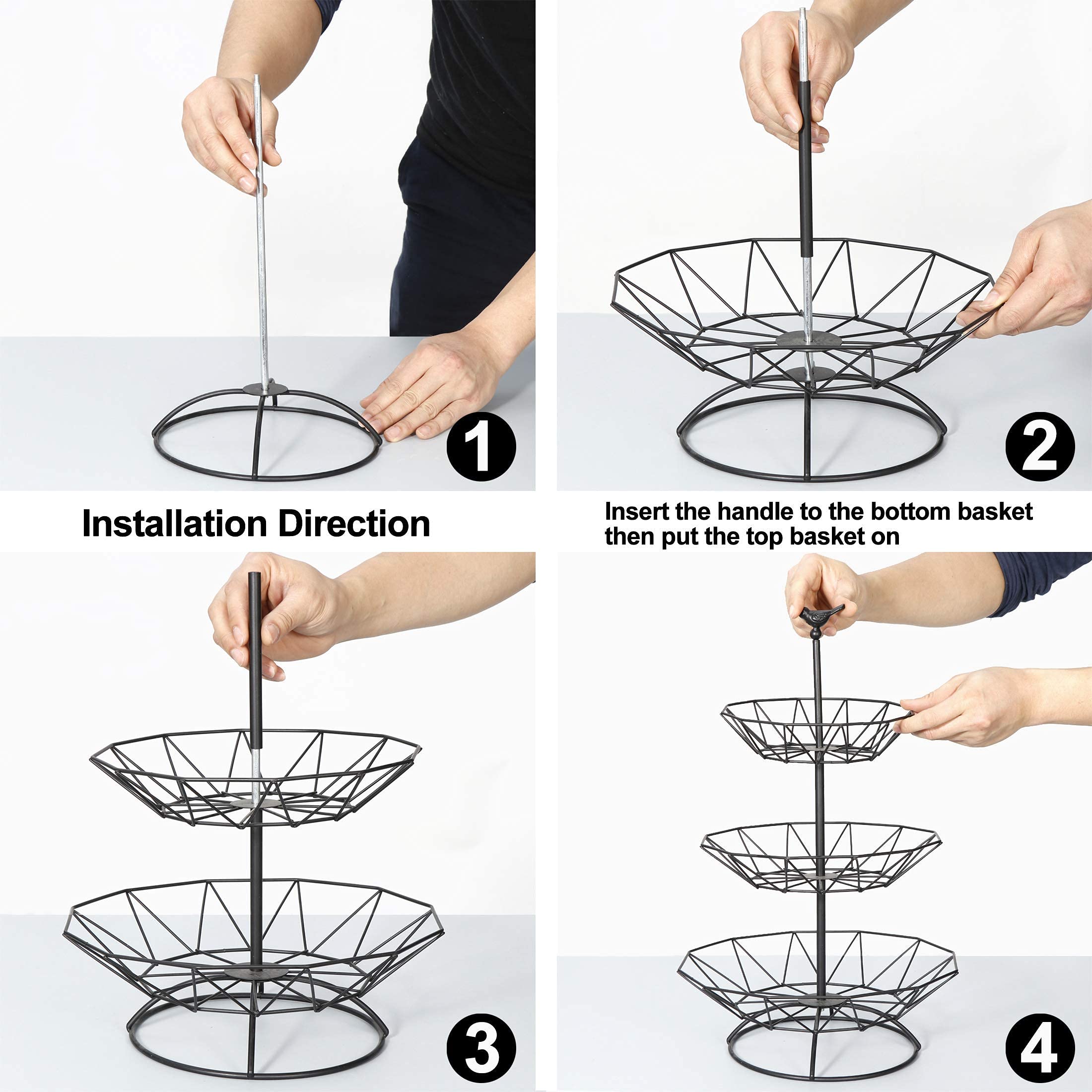 RAUVOLFIA Tabletop 3-Tier Countertop Fruit Basket Stand, Metal Fruit Bowl for Fruit, Vegetables, Bread, Comestics, Cupcakes, Snacks and Household Items