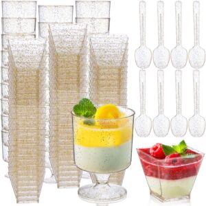 100 pcs plastic dessert cups with 100 pcs spoons gold glitter goblet square cups 2 oz 5 oz pudding wine dessert bowls dessert containers for birthdays, wedding party supplies, 2 styles