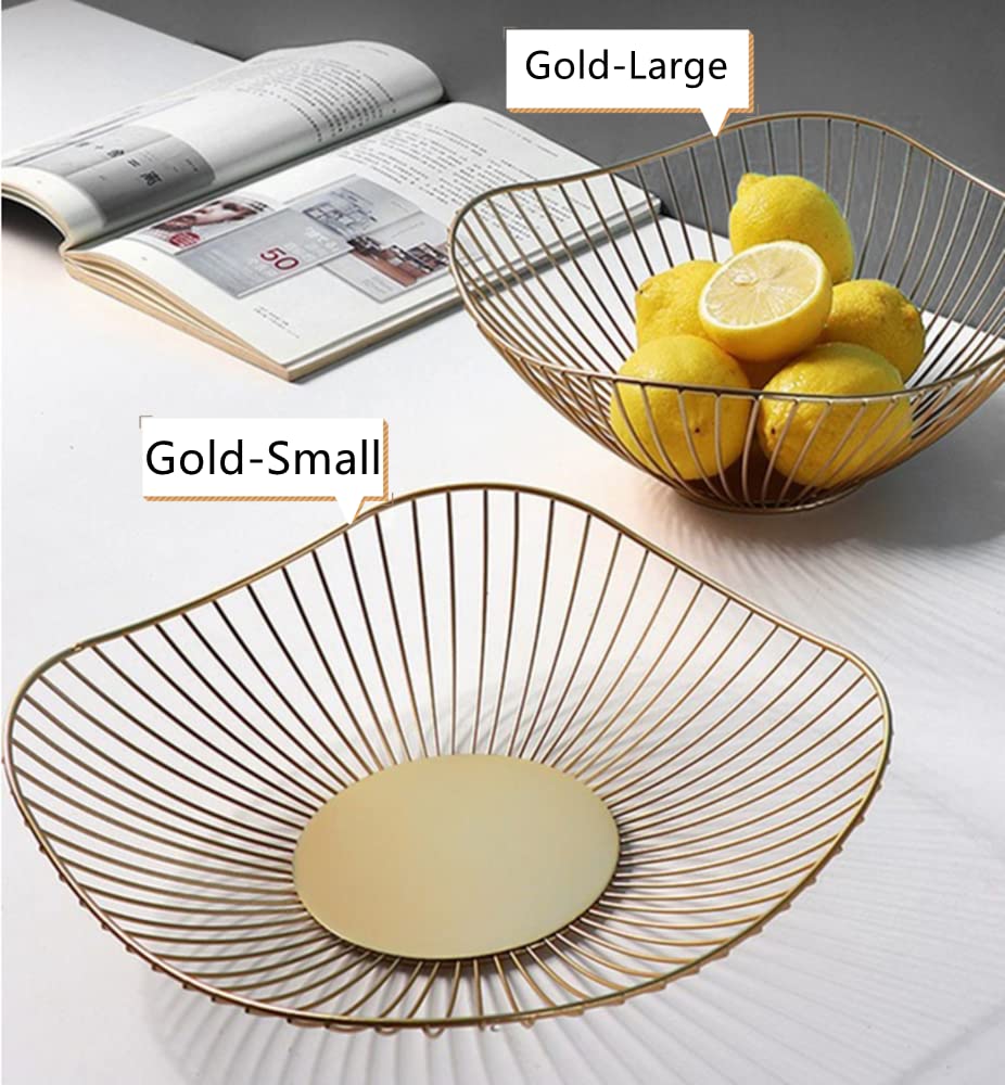 NatureMan Kitchen counter fruit bowl Large fruit basket bowl Metal wavy storage basket Kitchen vegetable and fruit bowl, used to hold fruits, vegetables and bread (Gold-Small)