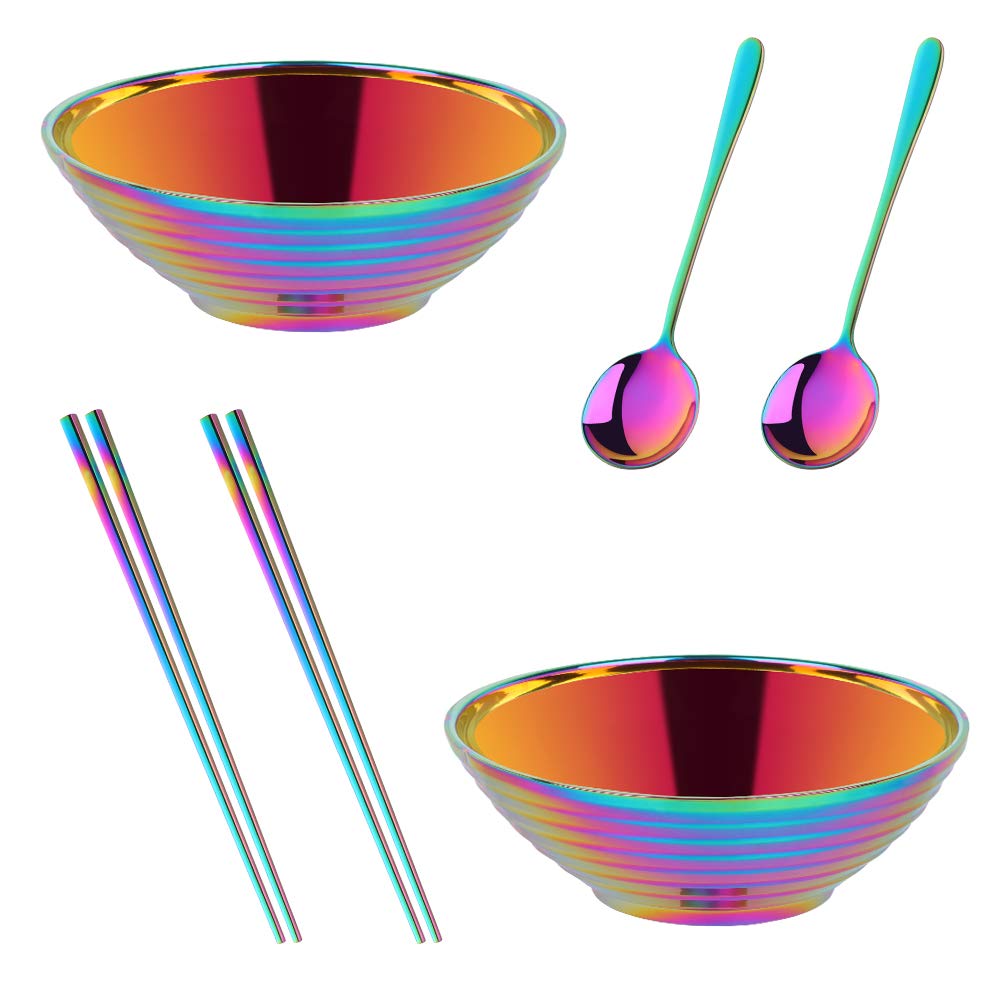 Buy THINGS！ Ramen Noodle Soup Bowl,2 Sets Double Layer 18/8 Stainless Steel Bowl(7.09 inch), with Matching Spoon and Chopsticks （Rainbow）