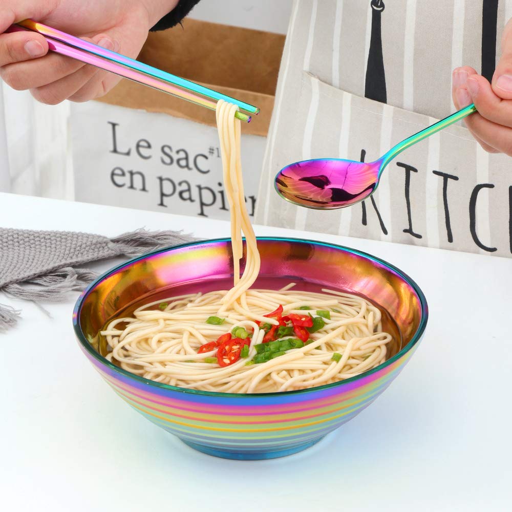 Buy THINGS！ Ramen Noodle Soup Bowl,2 Sets Double Layer 18/8 Stainless Steel Bowl(7.09 inch), with Matching Spoon and Chopsticks （Rainbow）