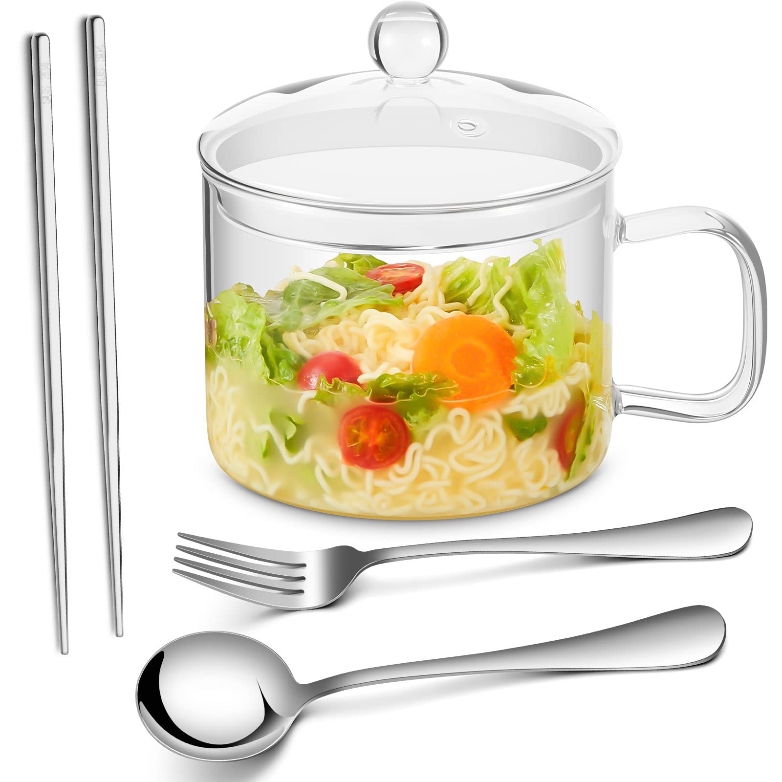 44 FL OZ/ 1.4 L Glass Soup Bowl with Lid and Handle, Chopsticks Spoons and Forks Set Silverware, Glass Pots for Cooking on Stove Simmer Pot Clear Ramen Bowl for Noodle Cereals Fruits, Microwave Safe