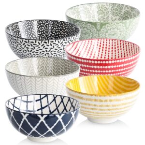 qfull ceramic cereal bowl, set of 6 porcelain bowls for soup, salad, rice, pasta - porcelain bowl set, 22 oz vibrant color bowls for kitchen - microwavable ceramic bowls, soup bowls