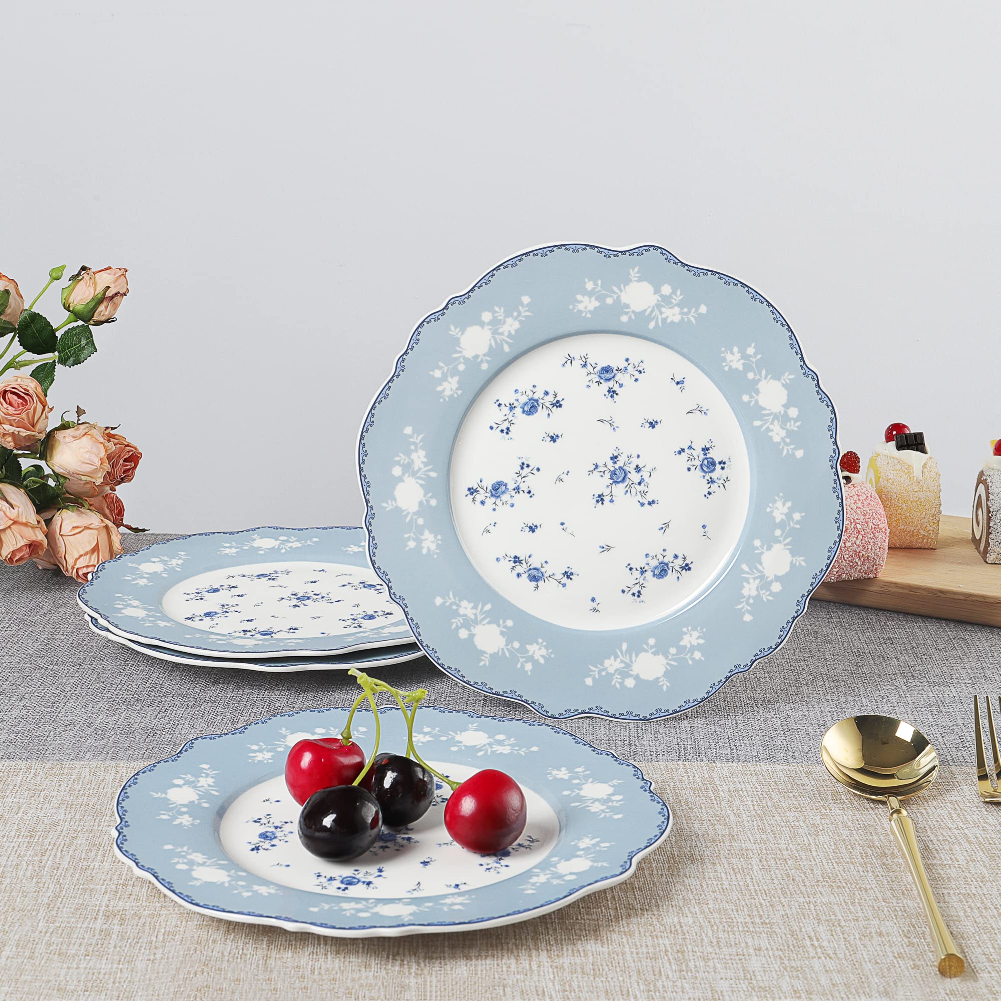 fanquare 8 Inch Porcelain Dessert Plates Set of 4, Lace Serving Bowls Set for Salad, Soup, Pasta, Snack, Blue Roses