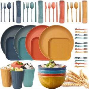 wheat straw dinnerware sets (48pcs) reusable dishware sets with plates, cups, knives, forks and spoons,lightweight camping dishes,dishwasher microwave safe,for camping kitchen picnic college dorm