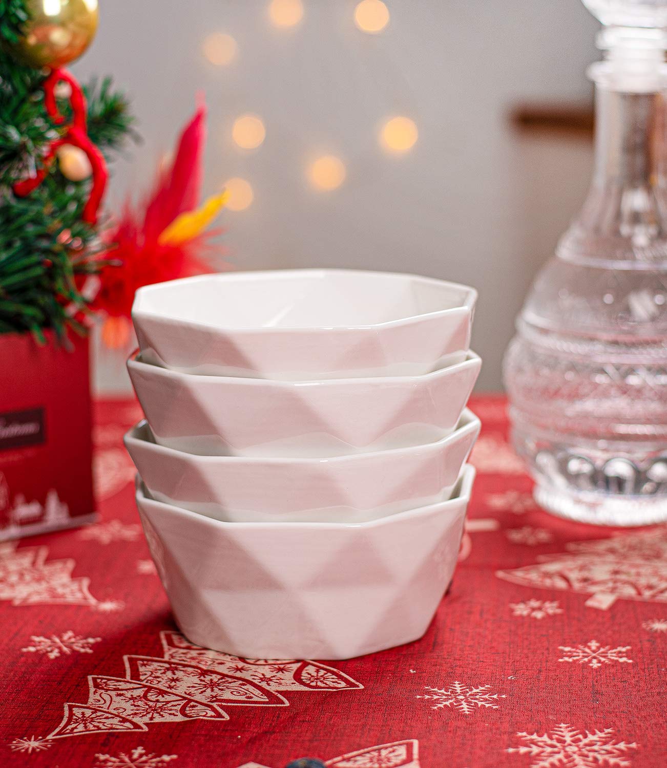 DELLING 22 Oz Geometric Cereal Bowls, White Soup Bowls Dessert/Snack Bowls Set for Rice Pasta Salad Oatmeal, Microwave/Dishwasher/Oven Safe Set of 4