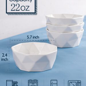 DELLING 22 Oz Geometric Cereal Bowls, White Soup Bowls Dessert/Snack Bowls Set for Rice Pasta Salad Oatmeal, Microwave/Dishwasher/Oven Safe Set of 4