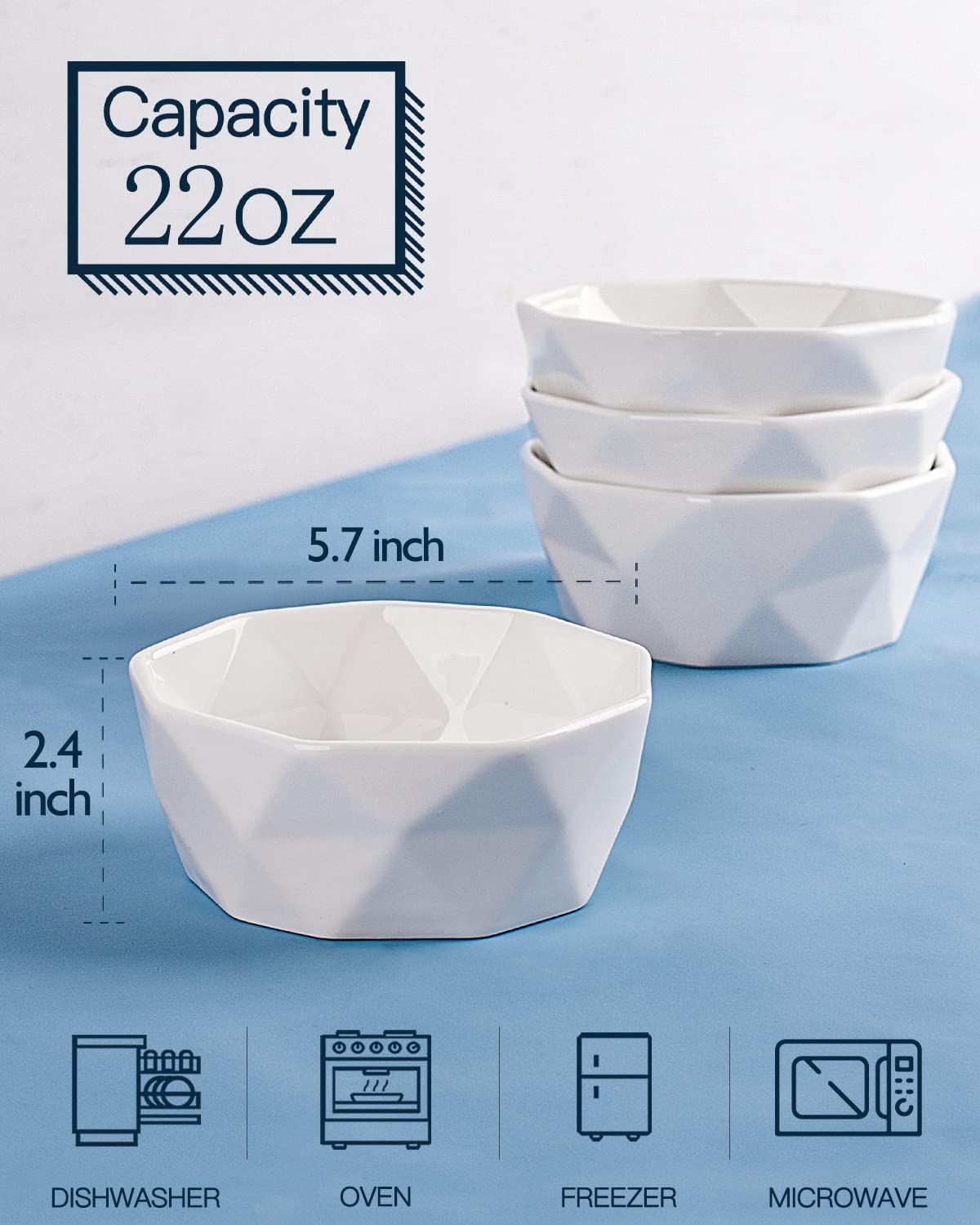 DELLING 22 Oz Geometric Cereal Bowls, White Soup Bowls Dessert/Snack Bowls Set for Rice Pasta Salad Oatmeal, Microwave/Dishwasher/Oven Safe Set of 4