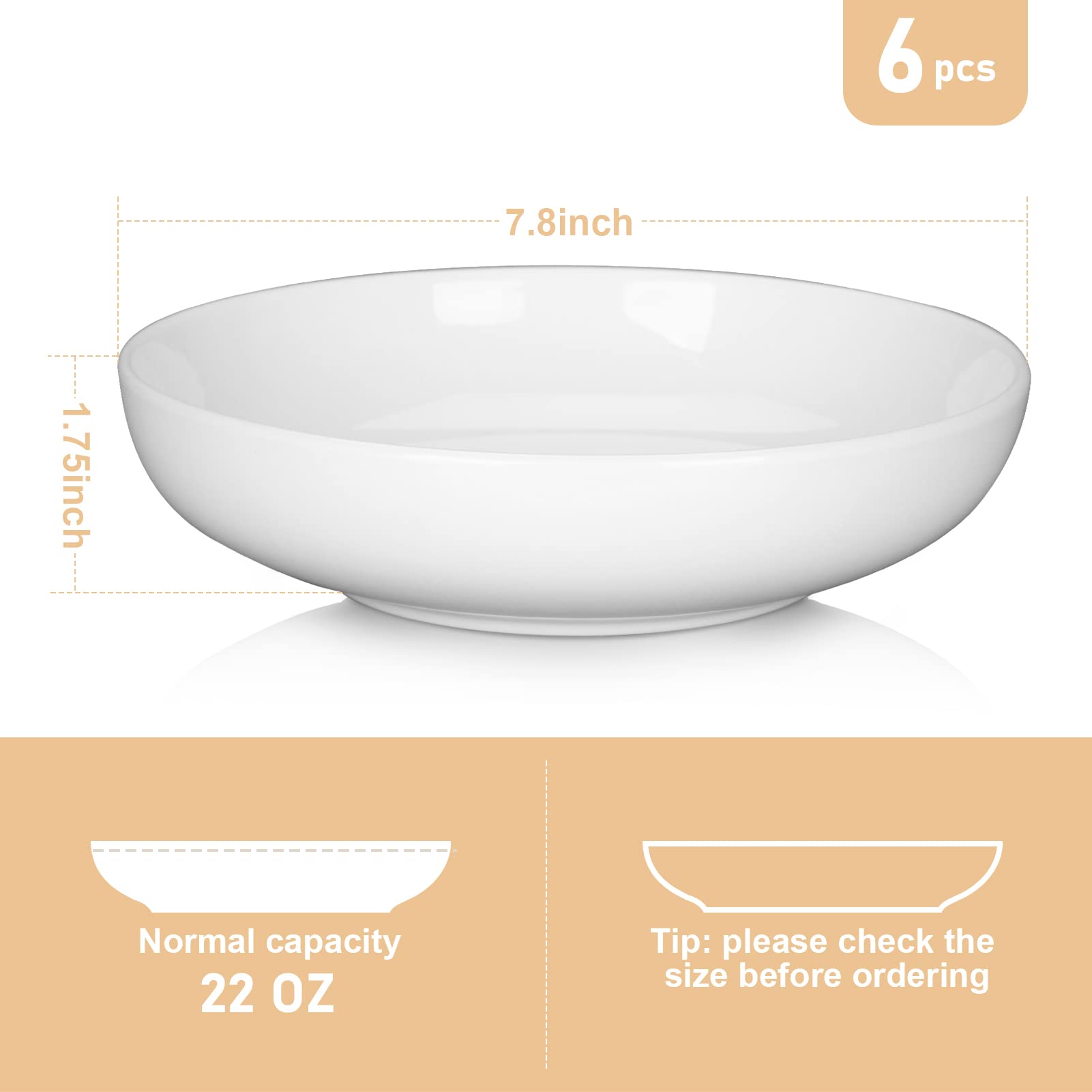 (6 Pack) Pasta Bowls Set Ceramic, Salad Bowls Large Serving Bowl Plates, Soup Bowl, Dishwasher Microwave Safe, Set of 6 (White)