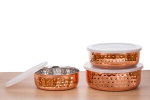 signora ware signoraware food storage bowls - copper plated stainless steel stackable storage bowl set with airtight lids, 3 pc multi size set