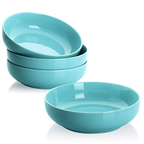 Teocera Porcelain Pasta Bowls, Salad Bowls Set, Wide and Shallow, 30 Ounce - Set of 4, Turquoise