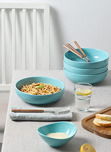 Teocera Porcelain Pasta Bowls, Salad Bowls Set, Wide and Shallow, 30 Ounce - Set of 4, Turquoise