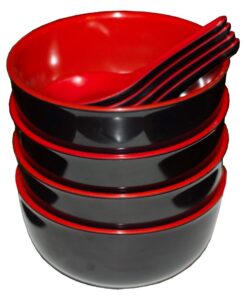 calvin & co set of 4 melamine miso soup cereal bowls and spoons 5 inches (small, red & black) 11 fluid ounces