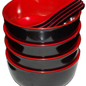 Calvin & Co Set of 4 Melamine Miso Soup Cereal Bowls and Spoons 5 inches (Small, Red & Black) 11 fluid ounces