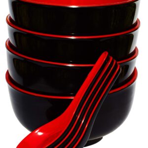 Calvin & Co Set of 4 Melamine Miso Soup Cereal Bowls and Spoons 5 inches (Small, Red & Black) 11 fluid ounces