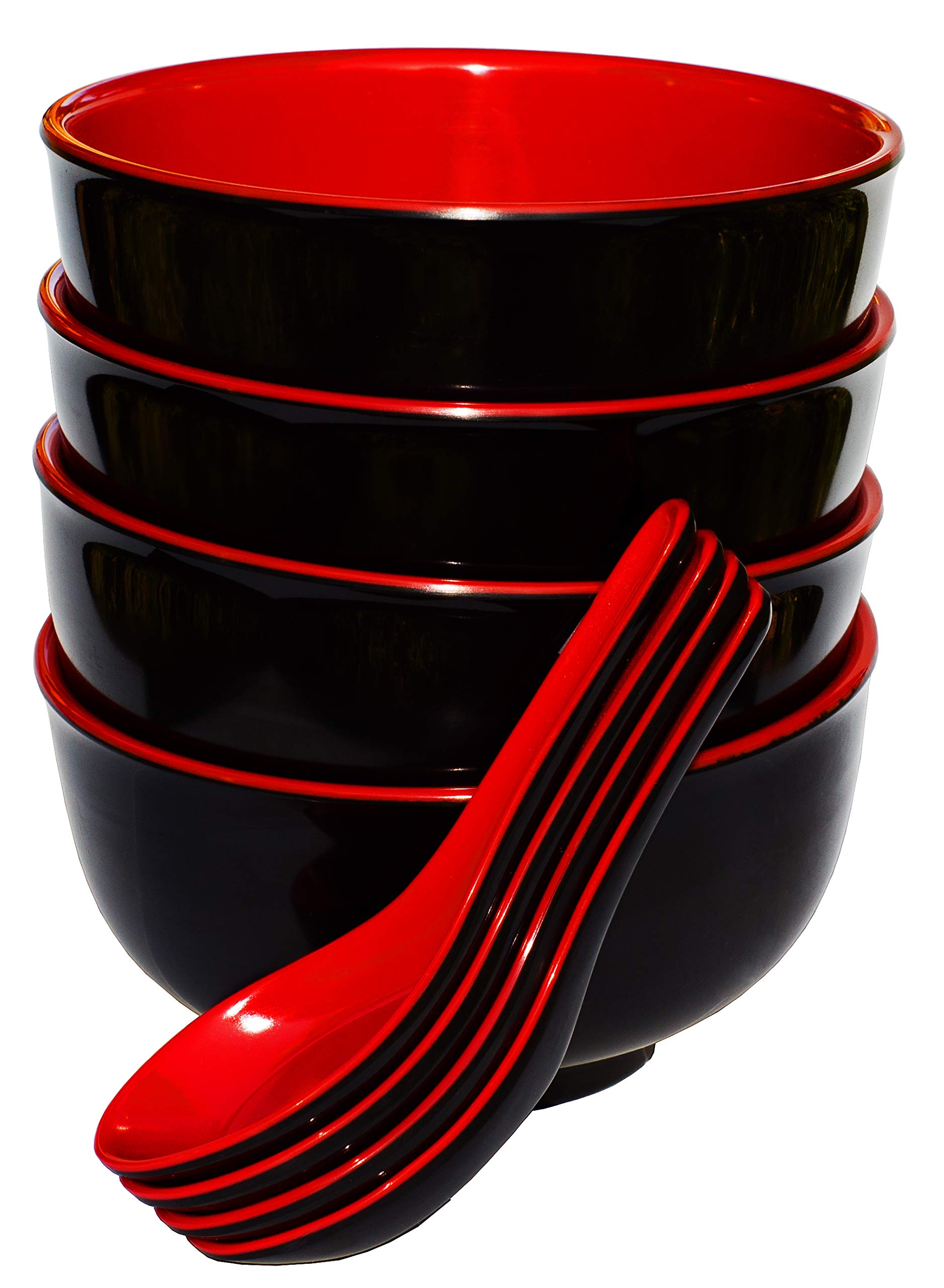 Calvin & Co Set of 4 Melamine Miso Soup Cereal Bowls and Spoons 5 inches (Small, Red & Black) 11 fluid ounces