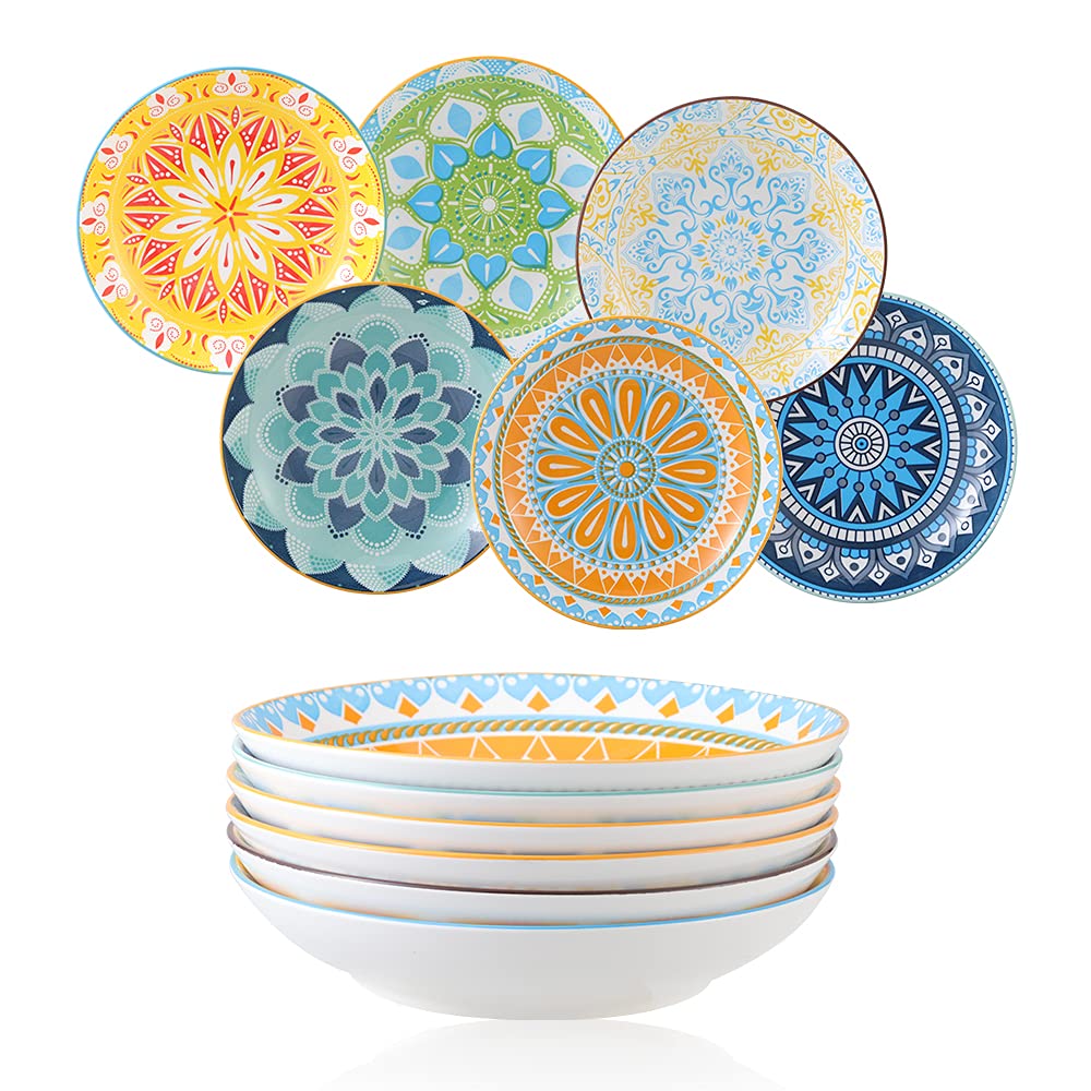 AHX Ceramic Pasta Bowls Salad Bowl - porcelain serving bowl Set of 6-8" Wide and Shallow Soup Bowls plates Set - Microwave and Dishwasher Safe(23OZ)