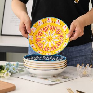 AHX Ceramic Pasta Bowls Salad Bowl - porcelain serving bowl Set of 6-8" Wide and Shallow Soup Bowls plates Set - Microwave and Dishwasher Safe(23OZ)