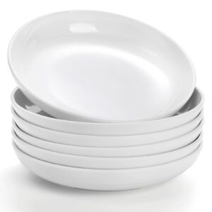 fasmov melamine pasta bowls, 6 pack 8 inches 20 oz large salad serving bowls, shallow salad bowls, plastic dinner deep plates, dishwasher safe, white