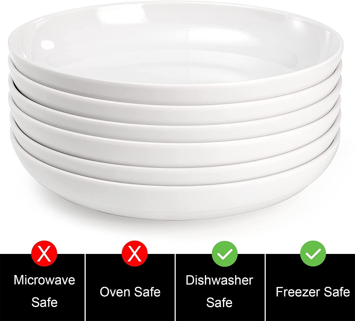 Fasmov Melamine Pasta Bowls, 6 Pack 8 inches 20 Oz Large Salad Serving Bowls, Shallow Salad Bowls, Plastic Dinner Deep Plates, Dishwasher Safe, White