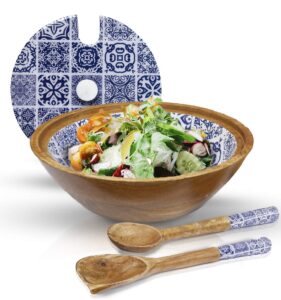 decorative wooden salad bowl set with lid and servers in moroccan blue. premium mango wood bowls with tongs set for salads, cereal, popcorn & fruit. great for home and entertainment! 12" wooden bowl.