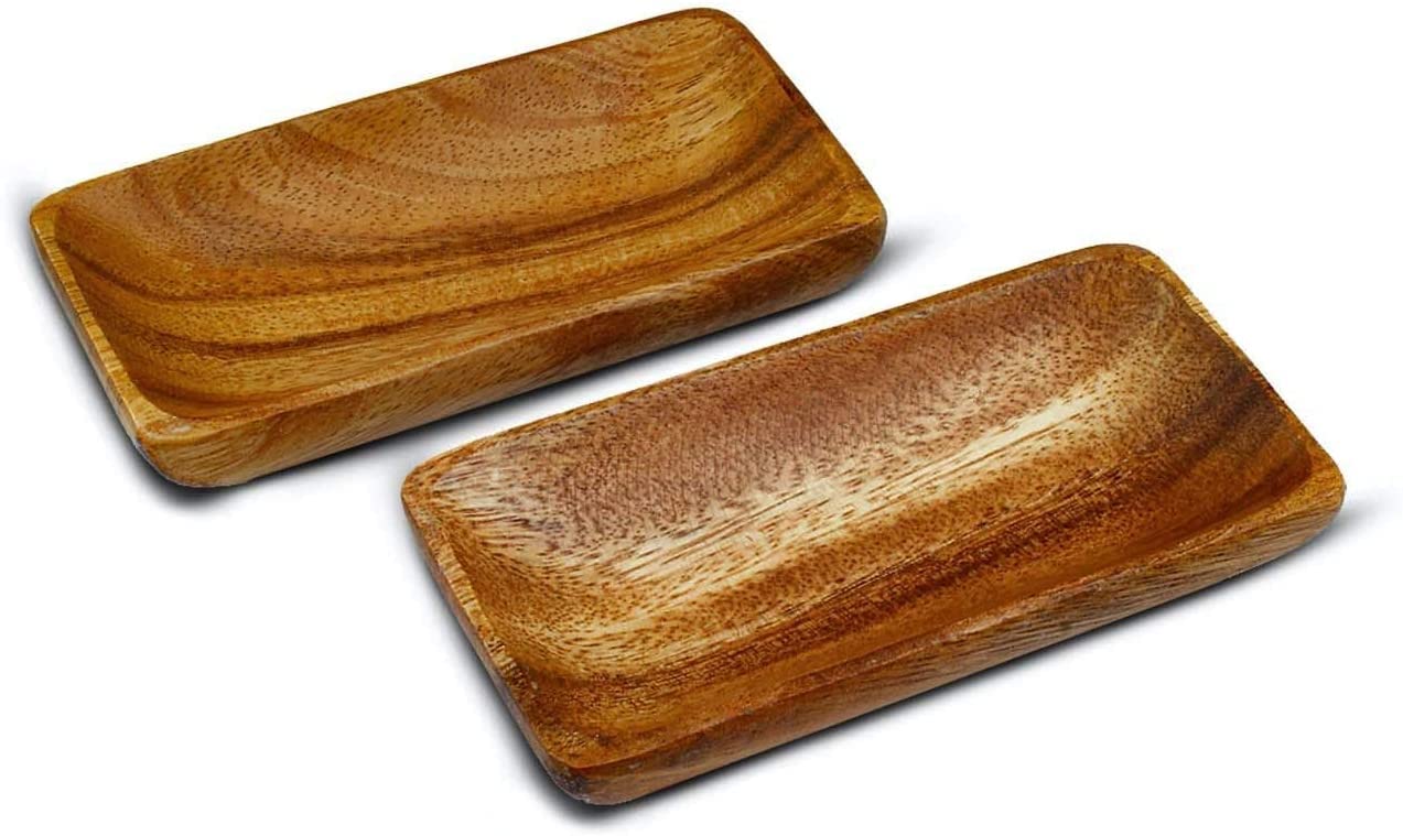 Acacia Handmade Wood Carved Plates - Set of 2 Calabash Bowls Size 6"x3" (Rectangle)