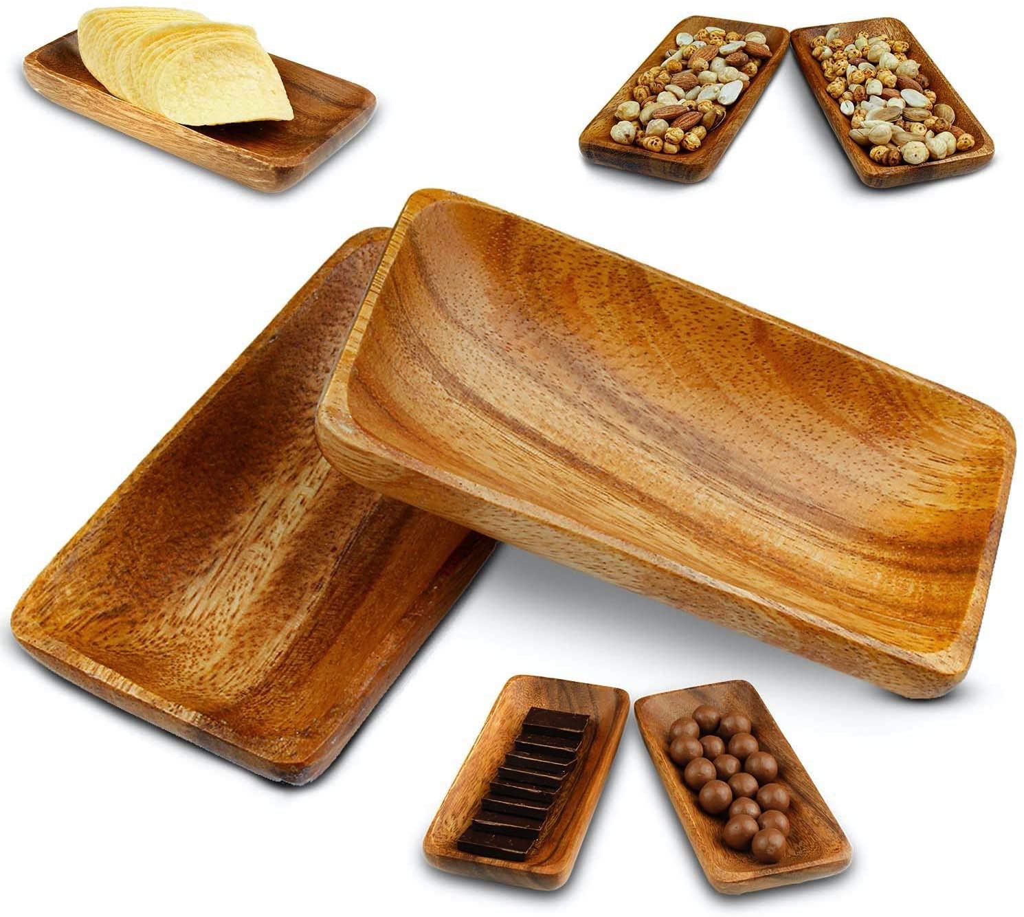 Acacia Handmade Wood Carved Plates - Set of 2 Calabash Bowls Size 6"x3" (Rectangle)