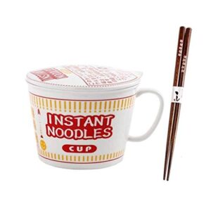 TJOUL Ramen Bowl Set Japanese Ceramic Instant Ramen Noodle Bowl with Handle and Lid Deep Soup Bowl Ceramic Soup Mug for Office College Dorm Room Instant Cooking(Size:M Color:Red)