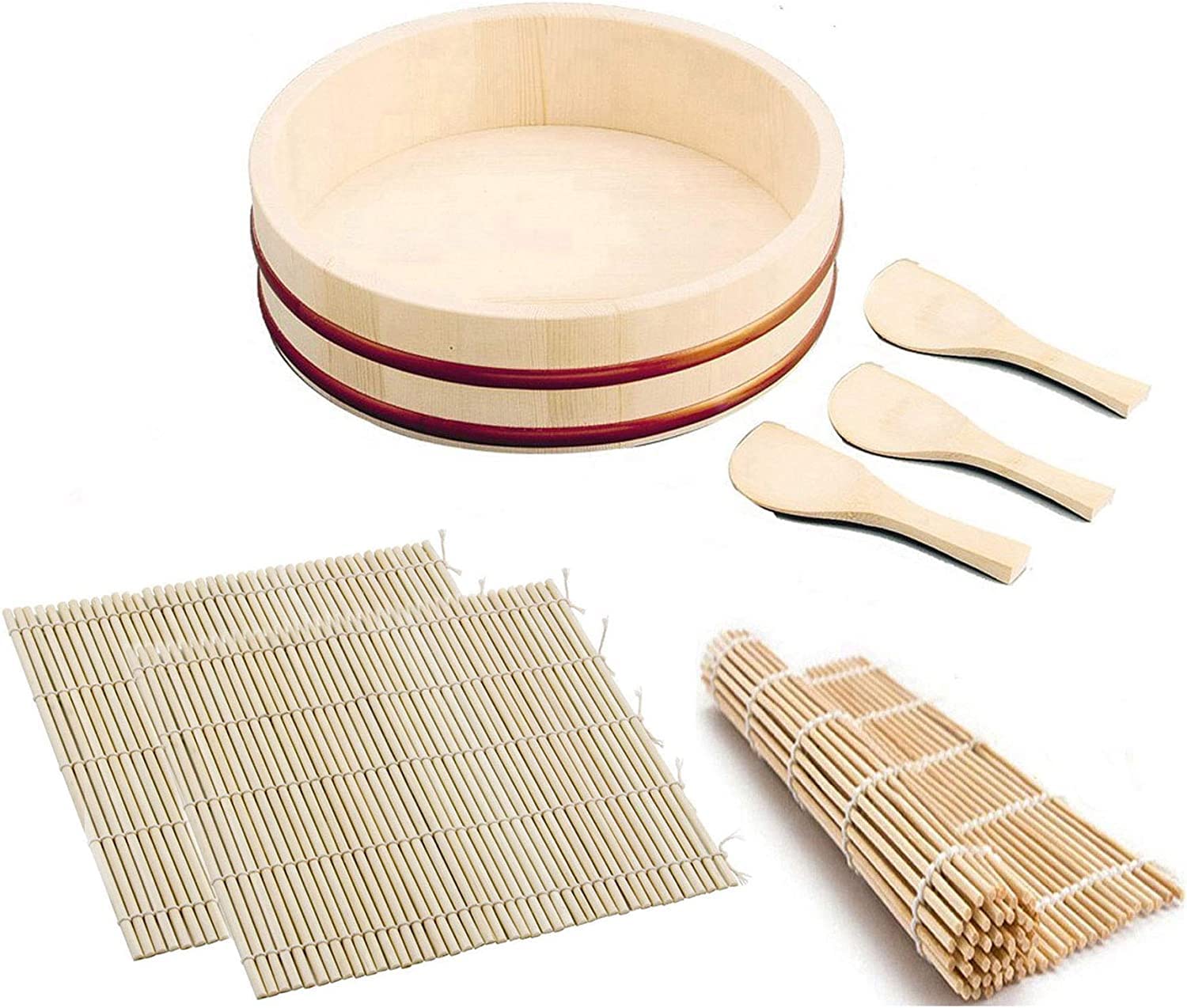 JapanBargain, Sushi Making Kit Rice Mixing Bowl Tub Japanese Hangiri x1, Bamboo Sushi Rolling Mat Roller x3, Rice Paddle Scoop x3