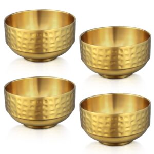 4 pcs gold stainless steel bowls, 13oz double walled soup bowls, thick non slip appetizer snack bowls, small metal serving bowls for sauces, rice, noodles, ice cream, oat (4 pcs)