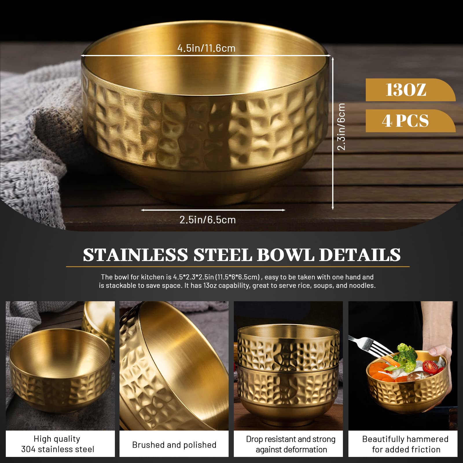 4 Pcs Gold Stainless Steel Bowls, 13Oz Double Walled Soup Bowls, Thick Non Slip Appetizer Snack Bowls, Small Metal Serving Bowls for Sauces, Rice, Noodles, Ice Cream, Oat (4 pcs)