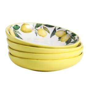 bico lemon dreams ceramic 35oz dinner bowls, set of 4, for pasta, salad, cereal, soup & microwave & dishwasher safe