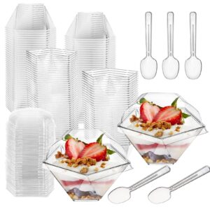 foraineam 100 pack dessert cups with 100 lids and 100 spoons, 3.7 oz. clear plastic parfait cups disposable reusable diamond-shape appetizer cup serving bowls for parties, weddings and more