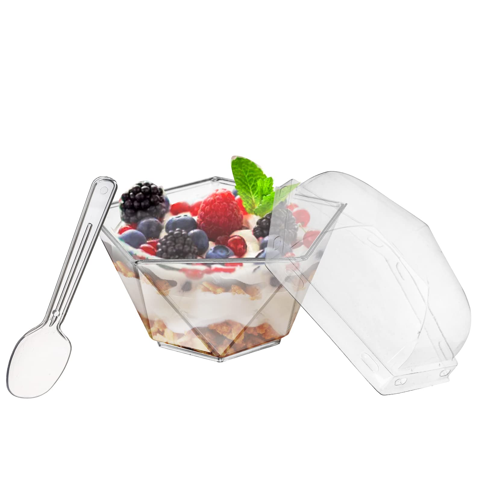 Foraineam 100 Pack Dessert Cups with 100 Lids and 100 Spoons, 3.7 oz. Clear Plastic Parfait Cups Disposable Reusable Diamond-shape Appetizer Cup Serving Bowls for Parties, Weddings and More