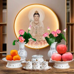 HOULU 7 Inch White Ceramic Buddhist Fruit Plate, Buddhist Supplies Offering Plate, Temple Tray, Fruit Bowl